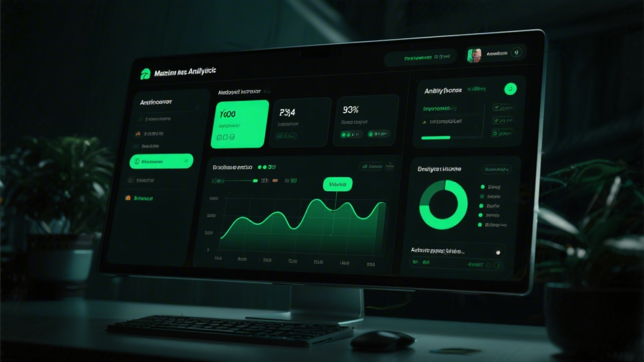 Analytics dashboard interface with cards, charts and navigation panels, dark background, green highlights, and clear typography displayed on a large monitor
