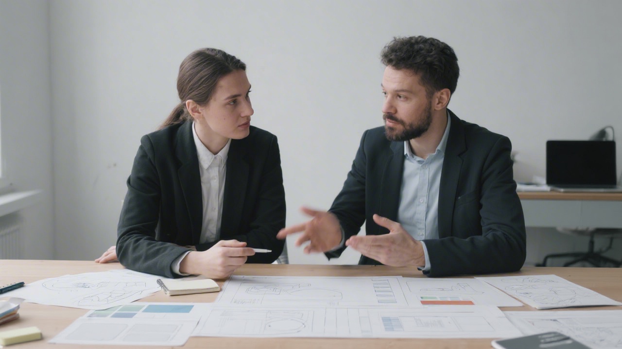 Two professionals collaborating over a web design plan, discussing layouts and UI components, notes and sketches on table, calm studio setting