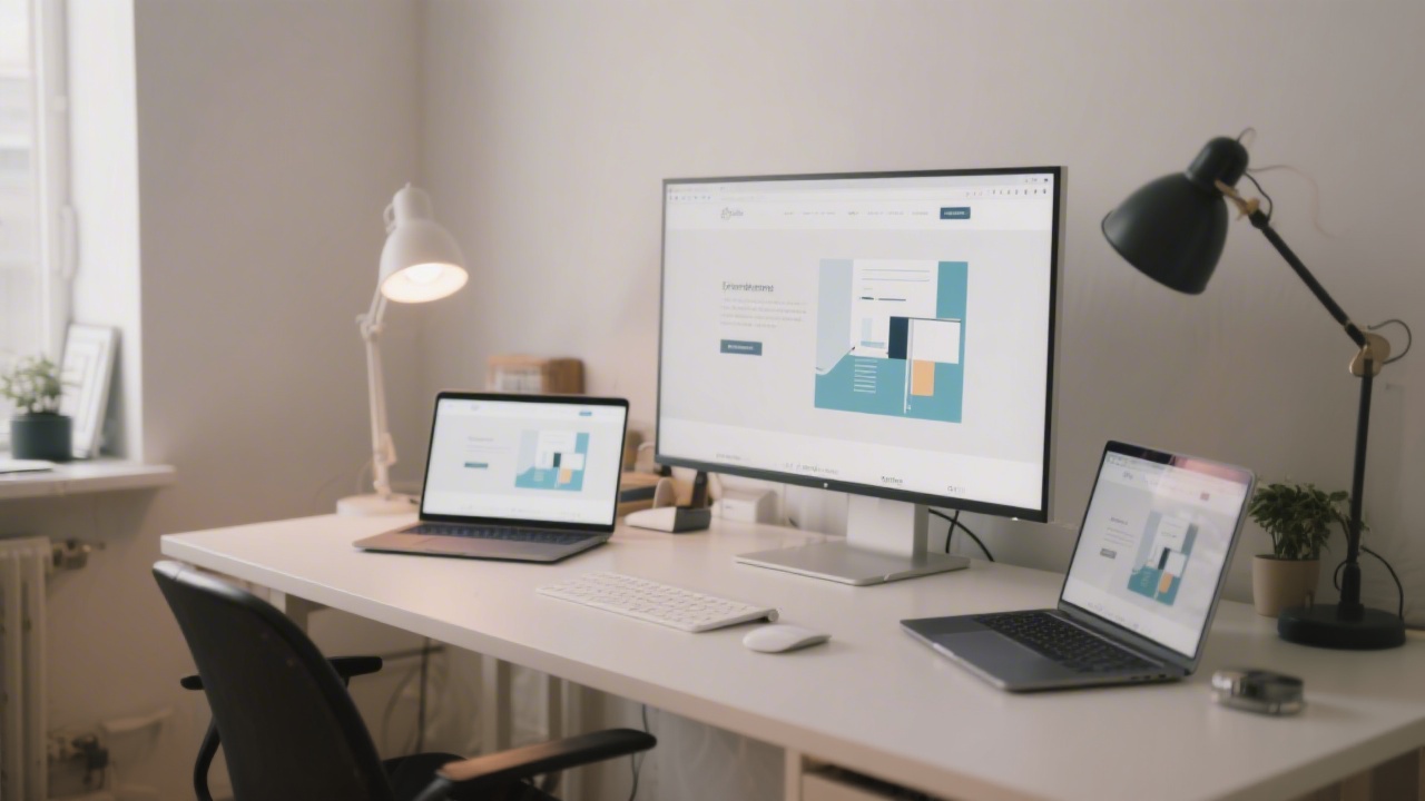 Creative studio workspace with laptops and large monitor showing website layout, clean desk, soft lighting and modern minimalist environment for digital design work